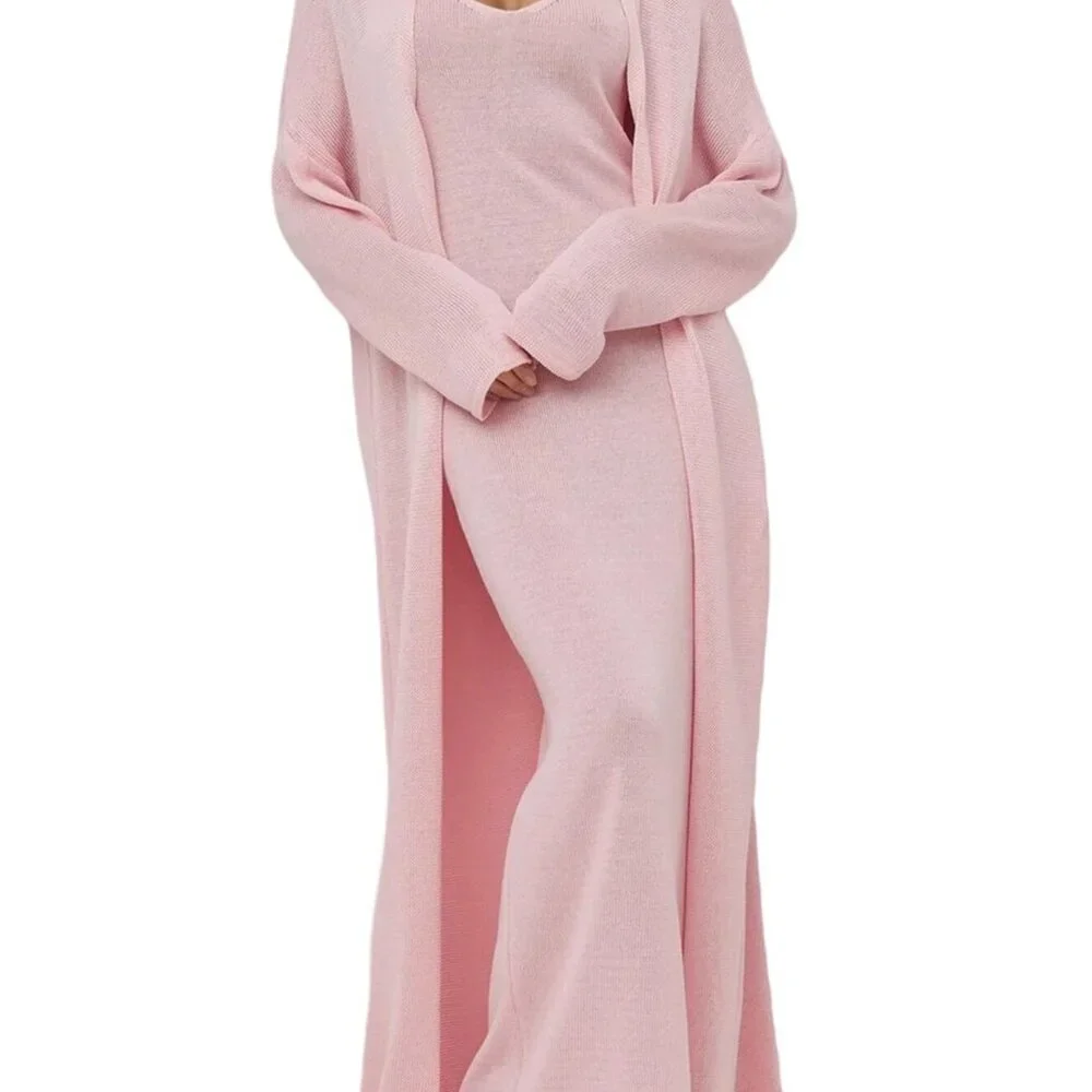 Knit Sweater Set Bodycon Maxi Dress Duster Cardigan Lounge Outfit Elegant